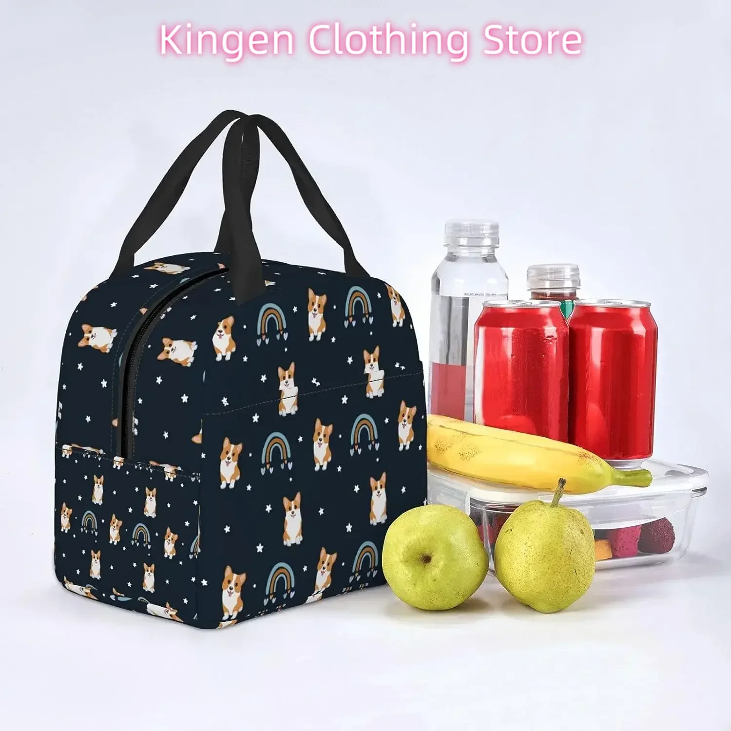Corgi Lunch Bag Cute Corgi Print Insulated Lunch Box Container with Frond Pocket for Work Picnic Travel