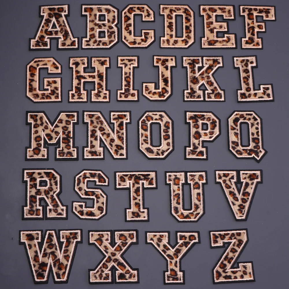 3/26pcs A~Z English Alphabet Letters Badge Patches Leopard Print Applique Embroidery Iron on Stickers for Clothing DIY Garment