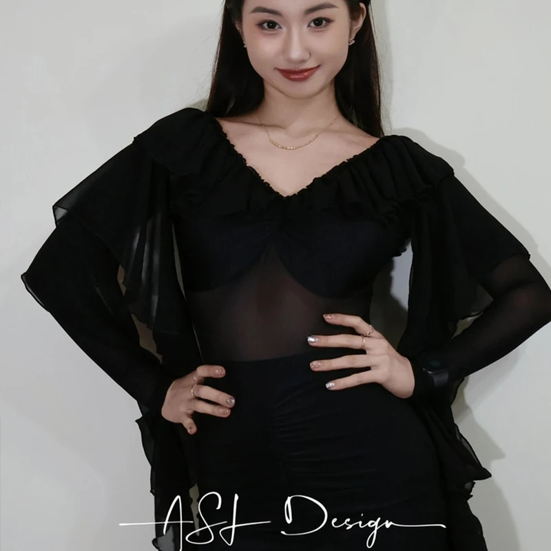 Drijvende Mesh Ballroom Dans Tops Lange Mouwen Zwarte V-hals Maillots Volwassen Vrouwen Latin Dans Kleding Wals Praktijk Slijtage BL18207