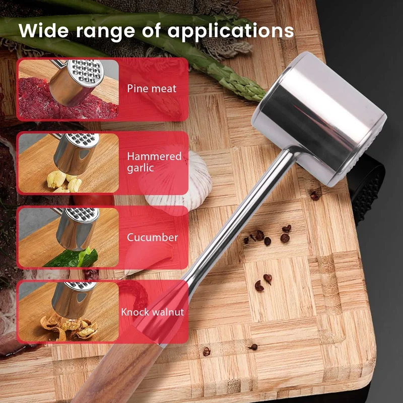 Double-Sided Meat Tenderizer Hammer With Non-Slip Wooden Handle, Steak Hammer With Silicone Oil Brush