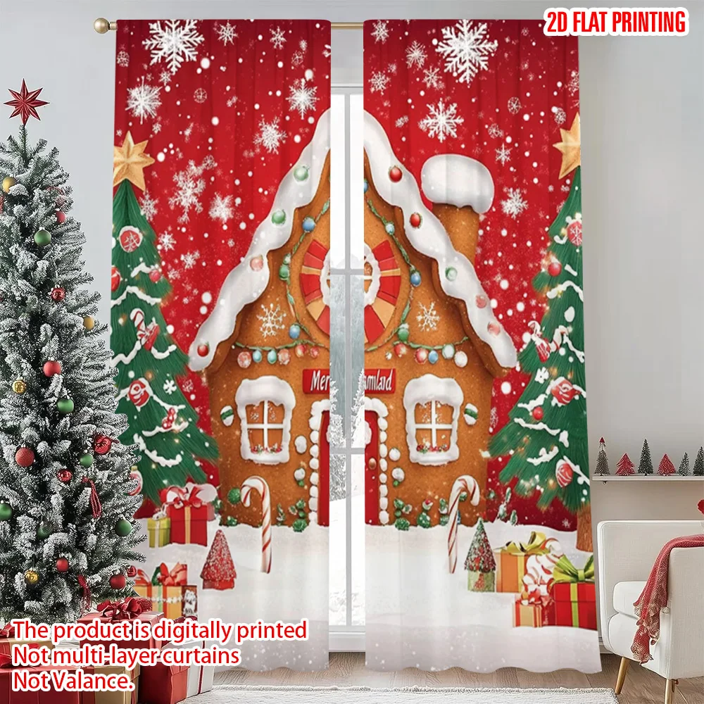 

2pcs 2D flat printing Merry Christmas Party Curtains Christmas9 Machine Washable Polyester Without Electricity Festive Wall
