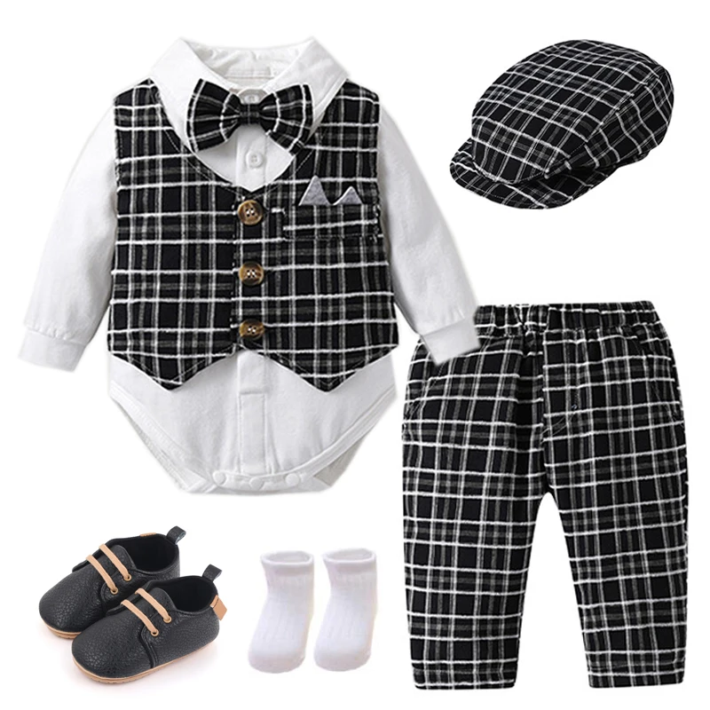 

Gentleman Clothes For Newborns Plaid Vest Hat Pants White Bodysuit 7PCS Wedding Costume Baby Boy Formal Performance Boutique Set