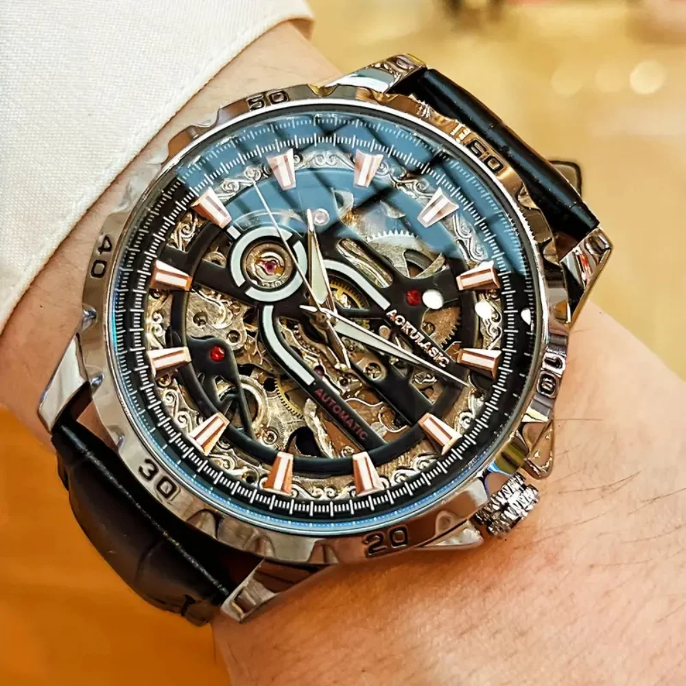 

New High-End Business Men's Watch, Fully Automatic Mechanical Watch, Hollowed Out, Waterproof Leather Strap, Fashionable, Casual, Versatile and Personalized Watch for Men