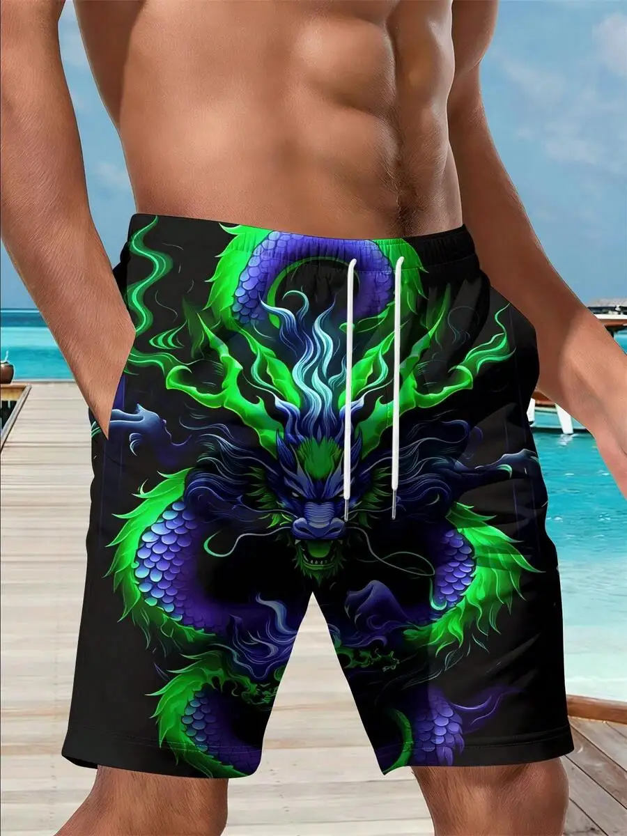 

Mens Beach Shorts 3D Print Green Dragon Purple Flames Black Background