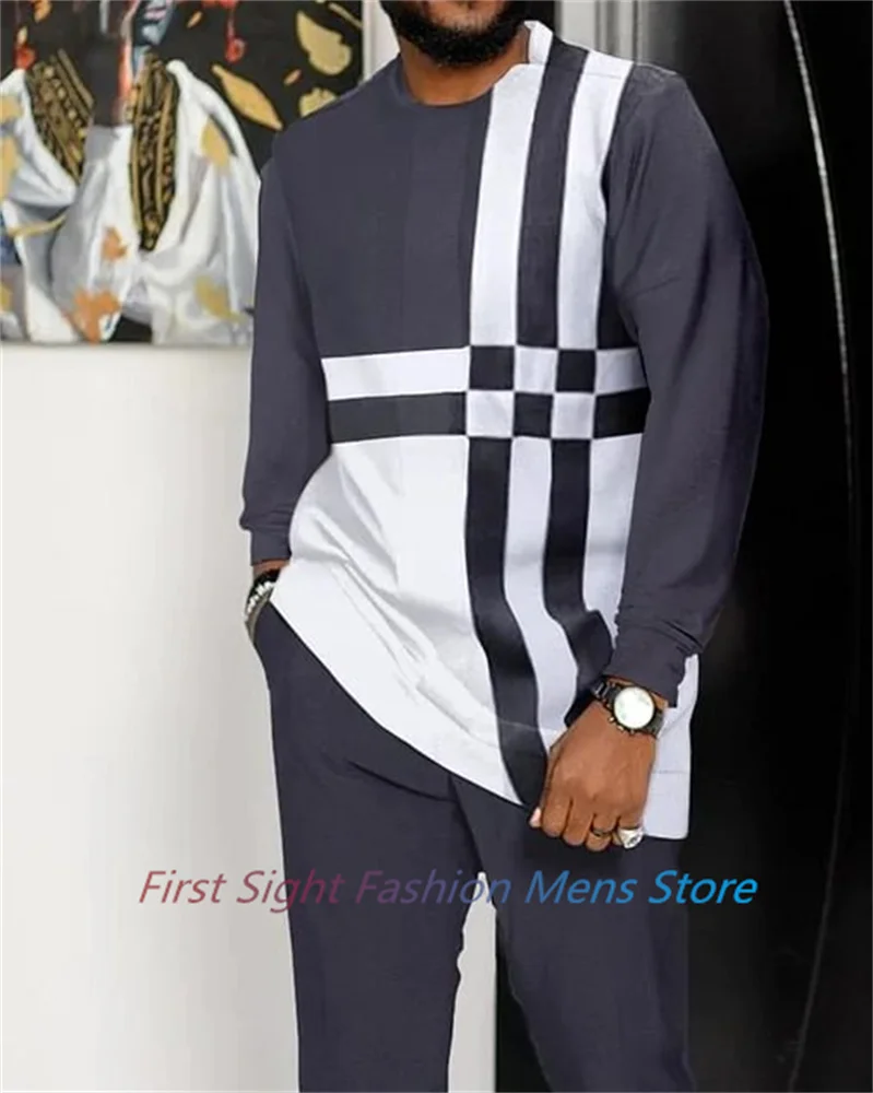 Men African Traditional Clothes Autumn Social Suits for Man Set Fashion Striped Tracksuit Casual Long Sleeve Trousers 2 Piece