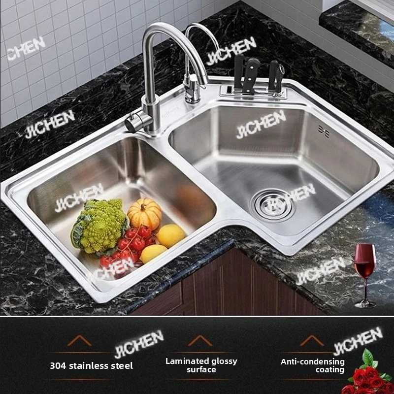 

ZQV Stainless Steel Corner Kitchen Sinks Home Double Slot Wash Basin Luxury Balcony Shaped Brushed Sink Creative Kitchen Accesso