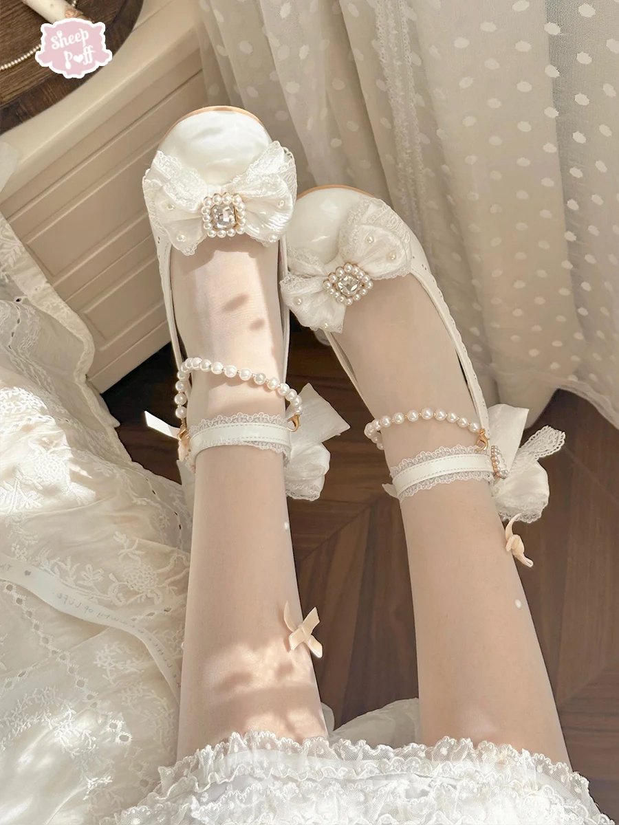 Original Lolita Sweet Flower Wedding Low Heels Shoes Women's Cute Bow Elegant Tea Party Mary Jane Shoes Ladies Leather Shoes