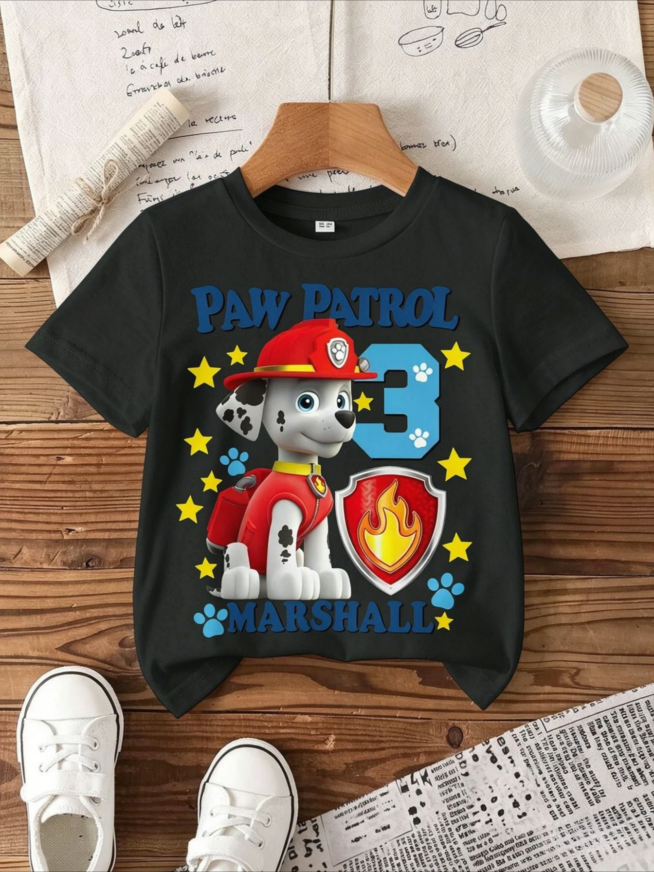 Kids Paw Patrol T‑Shirt Marshall Fire Dog Number 3 Star Shield Print Short Sleeve Cotton Boys Birthday Tops
