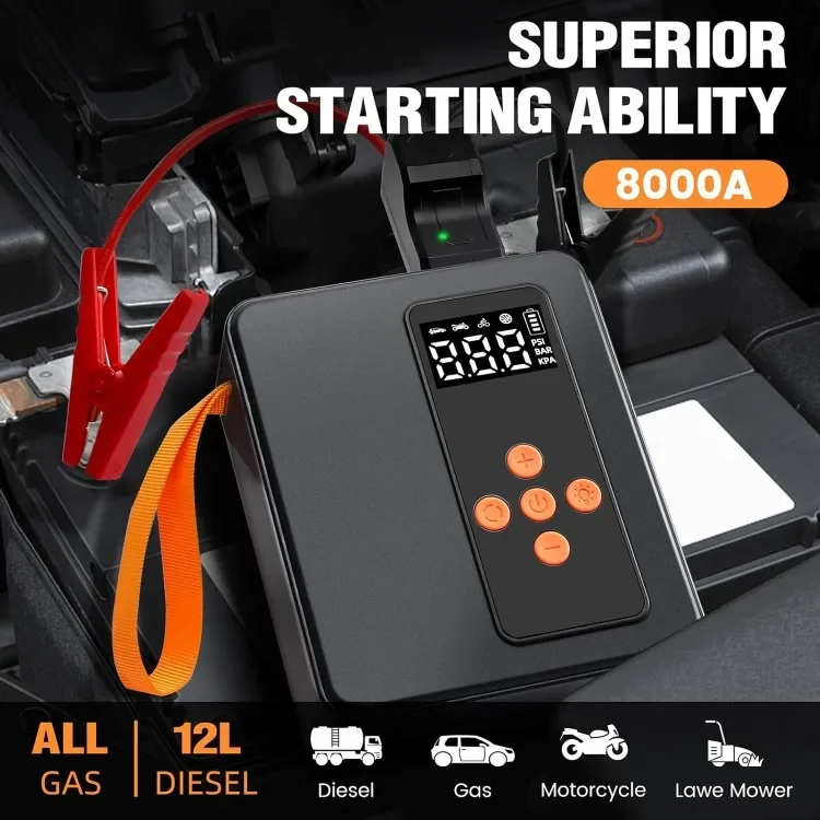 Jump Starter with Air Compressor,8000A 160PSI 32000mAh 12V Car Battery,Tire Inflator(All Gas/16L Diesel)