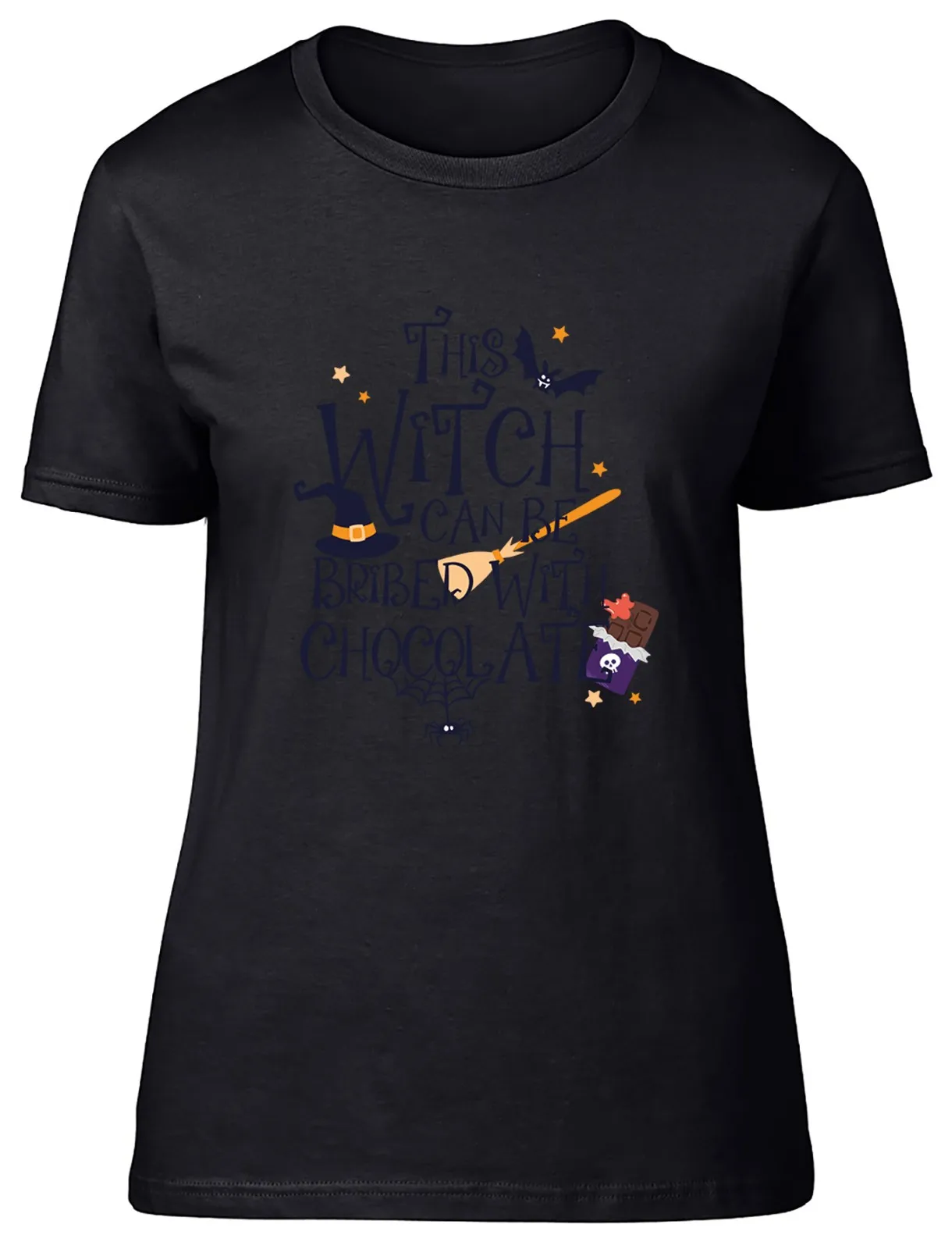Funny Halloween Womens T-Shirt This Witch Bribed with Chocolate Ladies Gift Tee