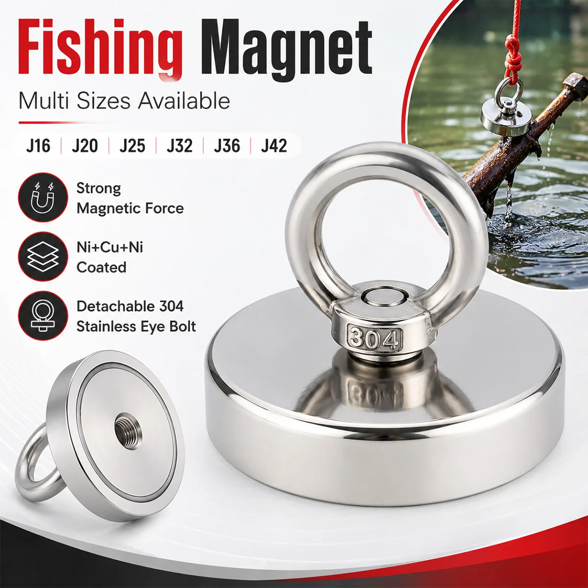 PINMOAP Heavy Duty Round Neodymium Magnet 304 Stainless Steel Lifting Eye Ring for Magnet Fishing Salvage and Metal Retrieval