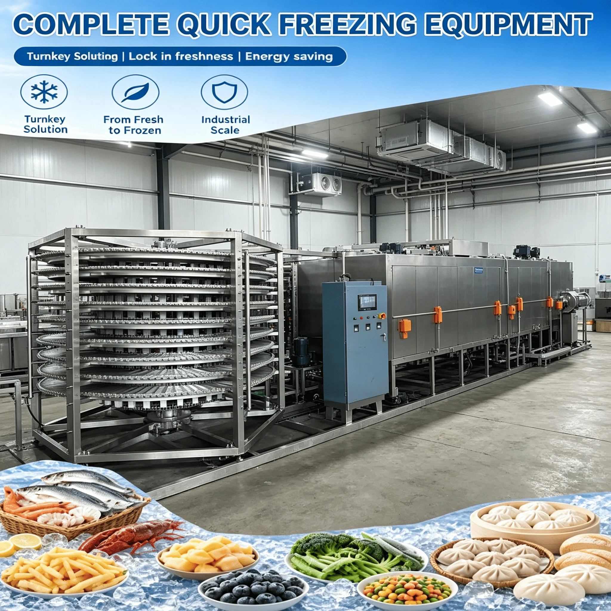 Spiral Freezer Conveyor Quick Freezer Energy Saving IFQ Seafood Frozen Processing Equipment Customized