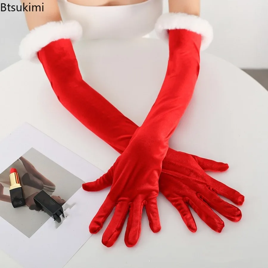 

Classic Women Red Retro Velvet Long Gloves Performance Opera Elegant Etiquette Mittens Christmas Matching Costume Cosplay Props