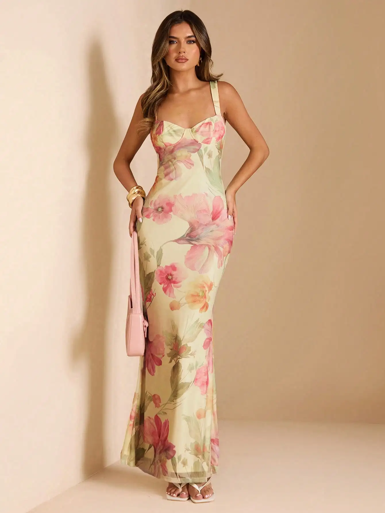 

Elegant Floral Print Slip Dress with Fishtail Hem, Summer Maxi Dress for Wedding Guest or Party