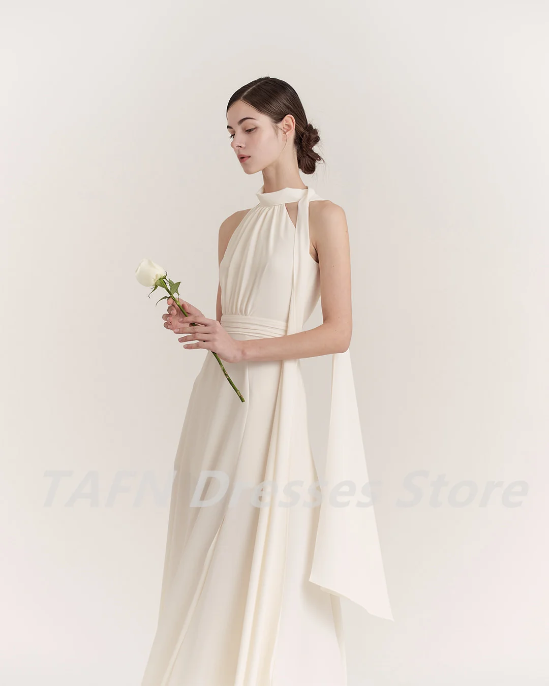 TAFN Black Simple Evening Dresses High Collar Sleeveless Side Slit Prom Party Dresses A-line Draped Elegant Customized