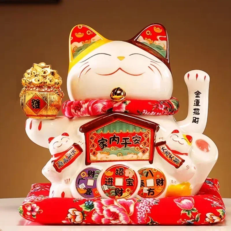 

7 Inch Lucky Cat Decoration Feng Shui Fortune Cat Ceramic Electric Wave Hand Treasure Shop Gift Good Luck Home Festive Craft