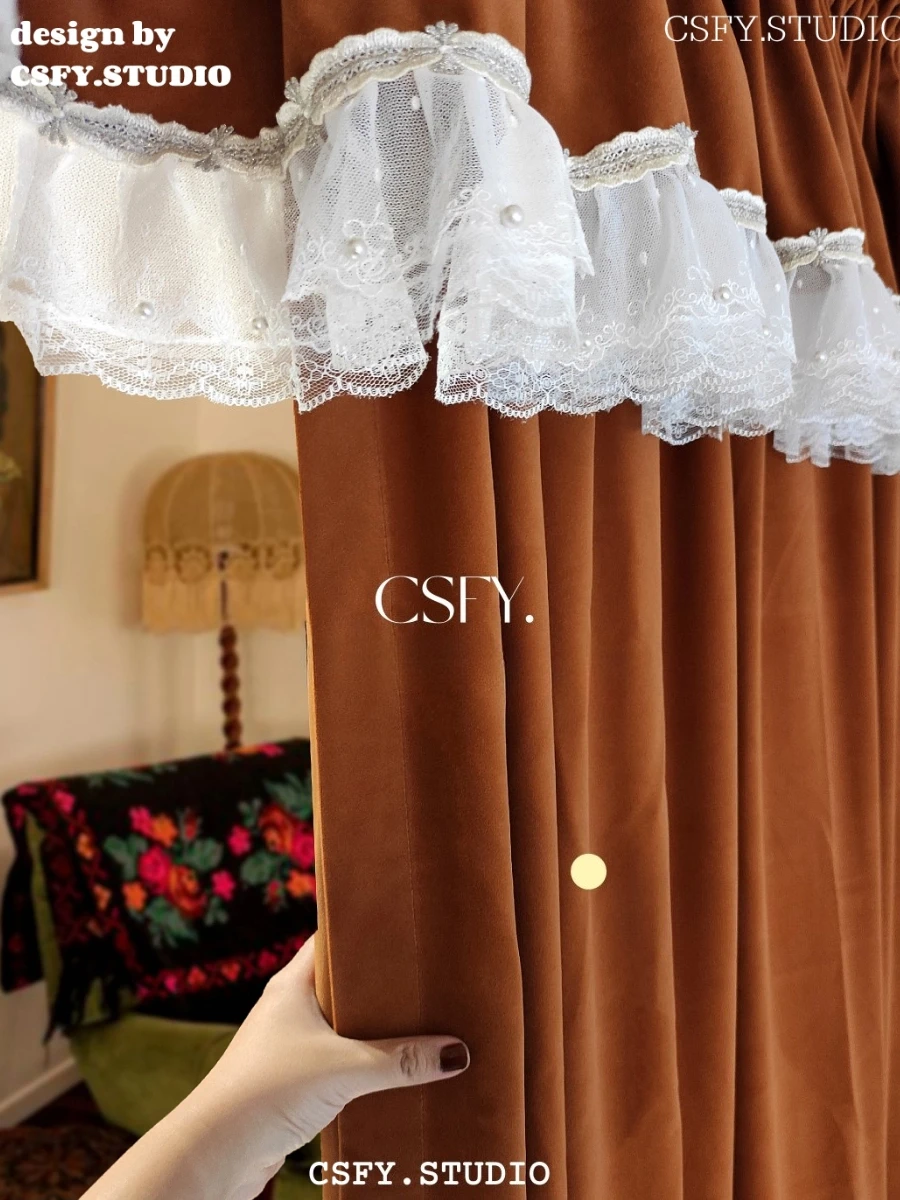 Caramel Vintage Lace Organ Pleated Window Curtain Velvet Curtains for Bedroom Living Room French Window Custom Partition Curtain