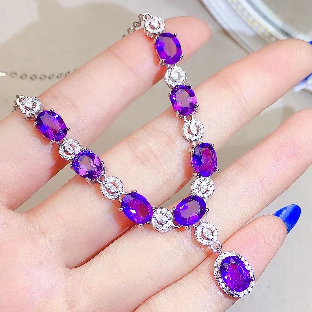 

Elegant Amethyst Necklace for Wedding 8 Pieces 6mm*8mm VVS Grade Natural Amethyst Silver Necklace Gift for Woman