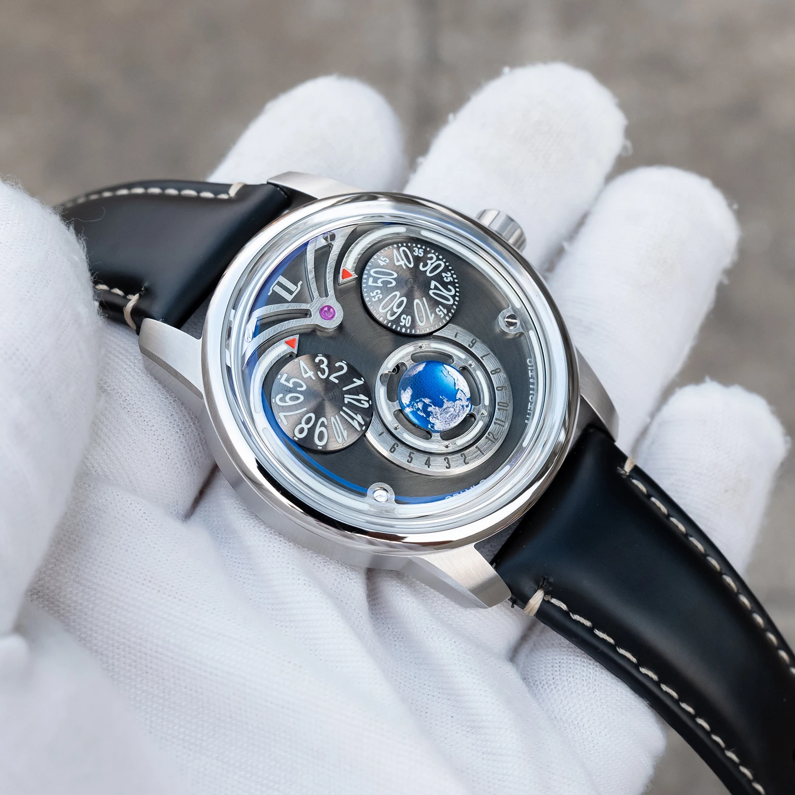 OBLVLO للرجال موضة النسر 3 عيون ساعة أوتوماتيكية مينا أخضر أزرق مضيئة مقاوم للماء ساعة ميكانيكية جلدية مقاومة للماء JM-EAG