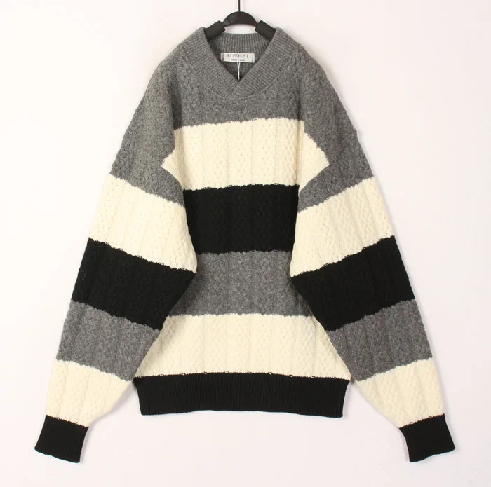 

Vintage Autumn Winter Hand Knitted Wool Sweater V-Neck Long Sleeve Striped Open Cardigan Bean Hole Hollow out Design Women's Top