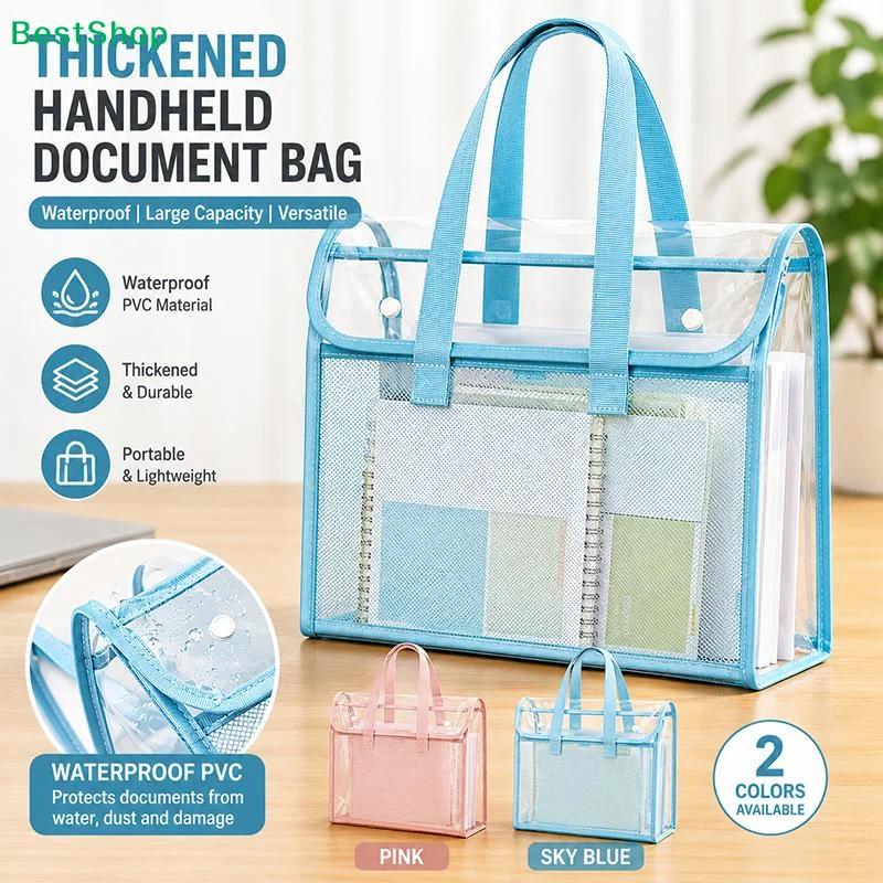 〔Q〕1Pcs Waterproof PVC Transparent Handbag Large Capacity Portable Bag Transparent File Bag Office Supplies For Daily Use