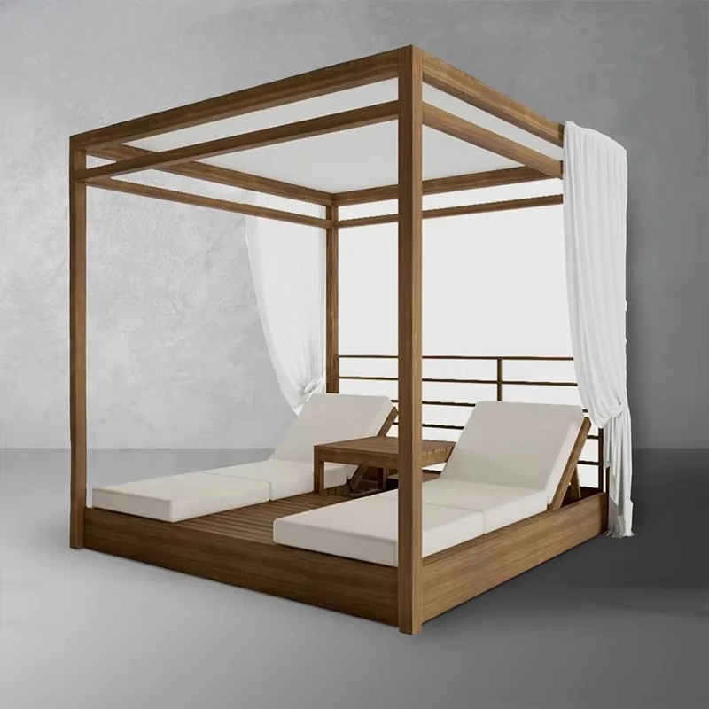 Contemporary Outdoor Patio Garden Set Luxury Shade Structure Solid Teak Canopy Daybed High Performance Fabric Sunbed