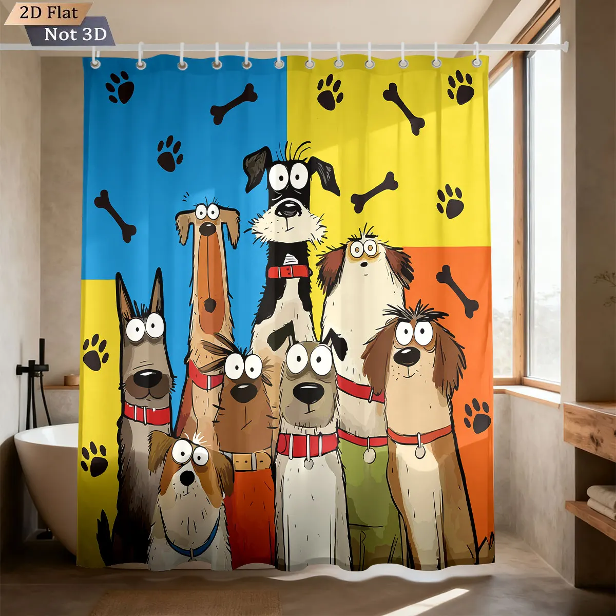 1pc Cute Cartoon Color Puppy Print Waterproof Shower Privacy Partition Shower Curtain 12 Hooks Multiple Sizes Machine Washable
