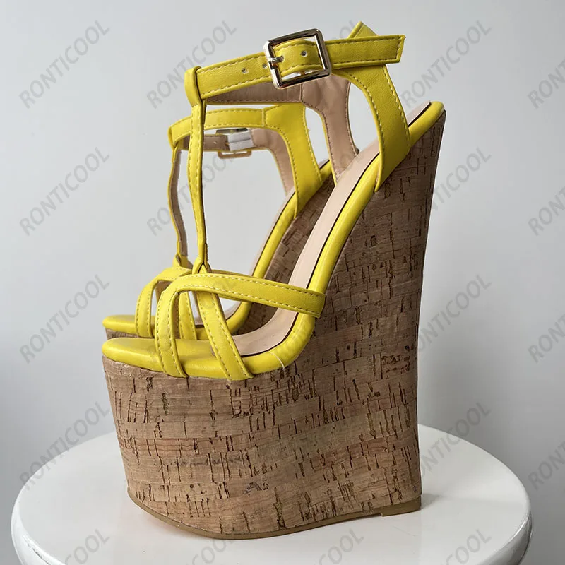 Ronticool Handmade Women T-strap Sandals Ultra High Wedges Heels Round Toe Classics Black Dress Shoes Ladies US Plus Size 5-15