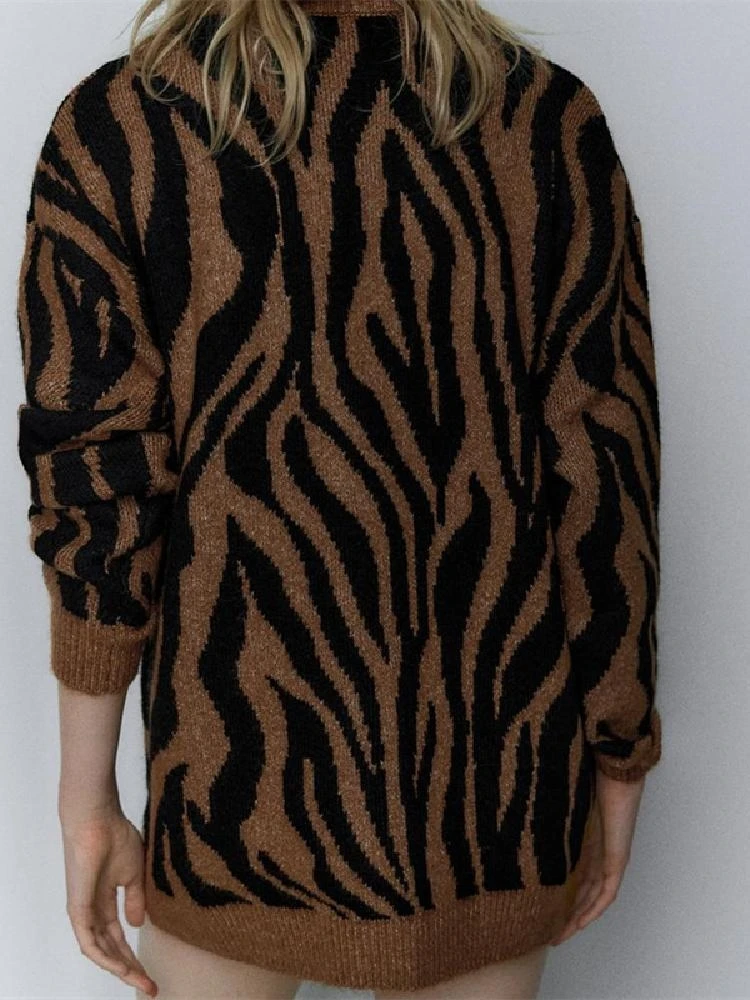 Autumn Winter New Sle Women's Wild Faion Animal Print V-ne Long Sve Knitted Knitwear Jaet Simple Commute Sle