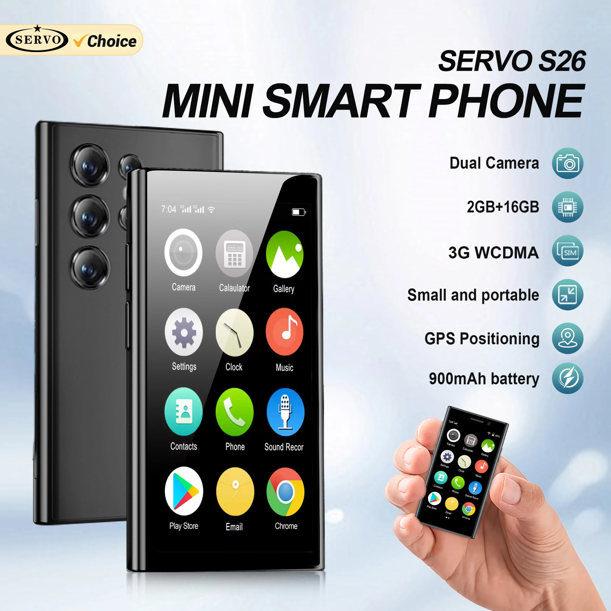 SERVO S26 3G Mini Smartphone Android9.0 OS 2GB+16GB Play Store WhatsAPP WiFi Face Unlock 3.0'' Dual SIM Small Smart Mobile Phones