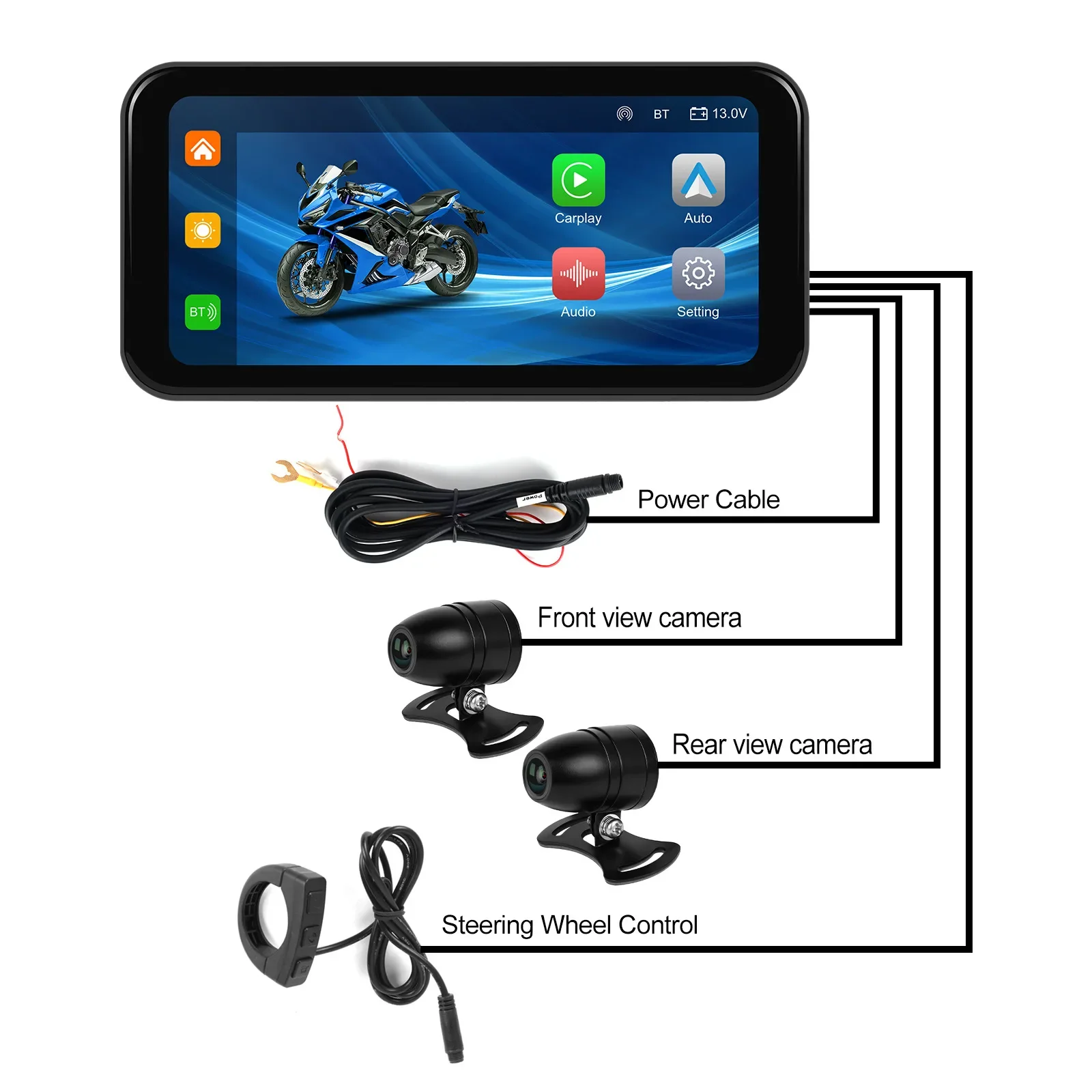 Portable Universal IPX7 Waterproof Wireless Motorcycle Screen GPS Navigation With TMPS Two Camera Map SDCard Bt 5.2 Android Auto