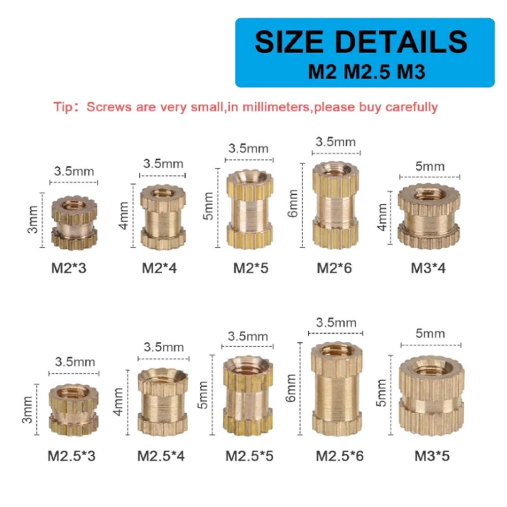 200Pcs M2 M2.5 M3 Metric Female Thread Knurled Brass Threaded Insert Embedded Nuts Assortment Kit Knurl Nuts for 3D Printing
