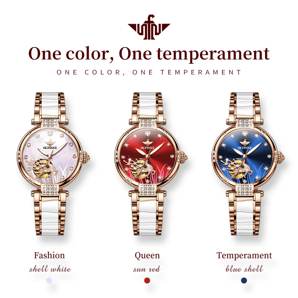 OUPINKE Factory Original Fawn Skeleton ساعات نسائية عصرية مقاومة للماء بشريط سيراميك ساعة ميكانيكية للسيدات ساعة أنيقة