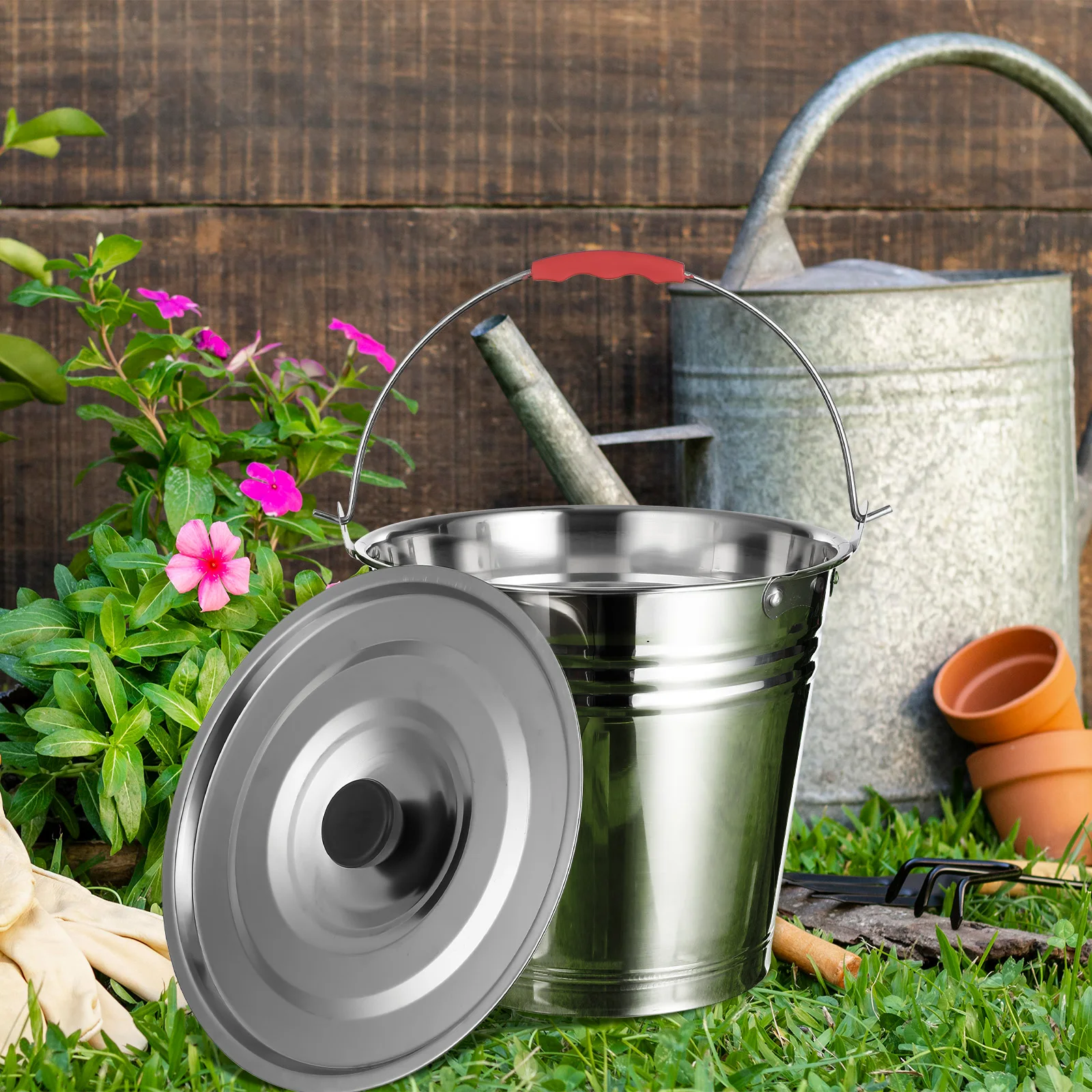 

1pc Stainless Steel Bucket 24CM Thickened Heavy Duty Pail Lid Water Ice Pasture Milking Practical Home Farm Dairy Bucket