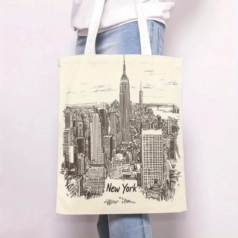 A Empire State Building and the New York City skyline pattern print canvas tote bag, suitable for daily use, shopping, school, a