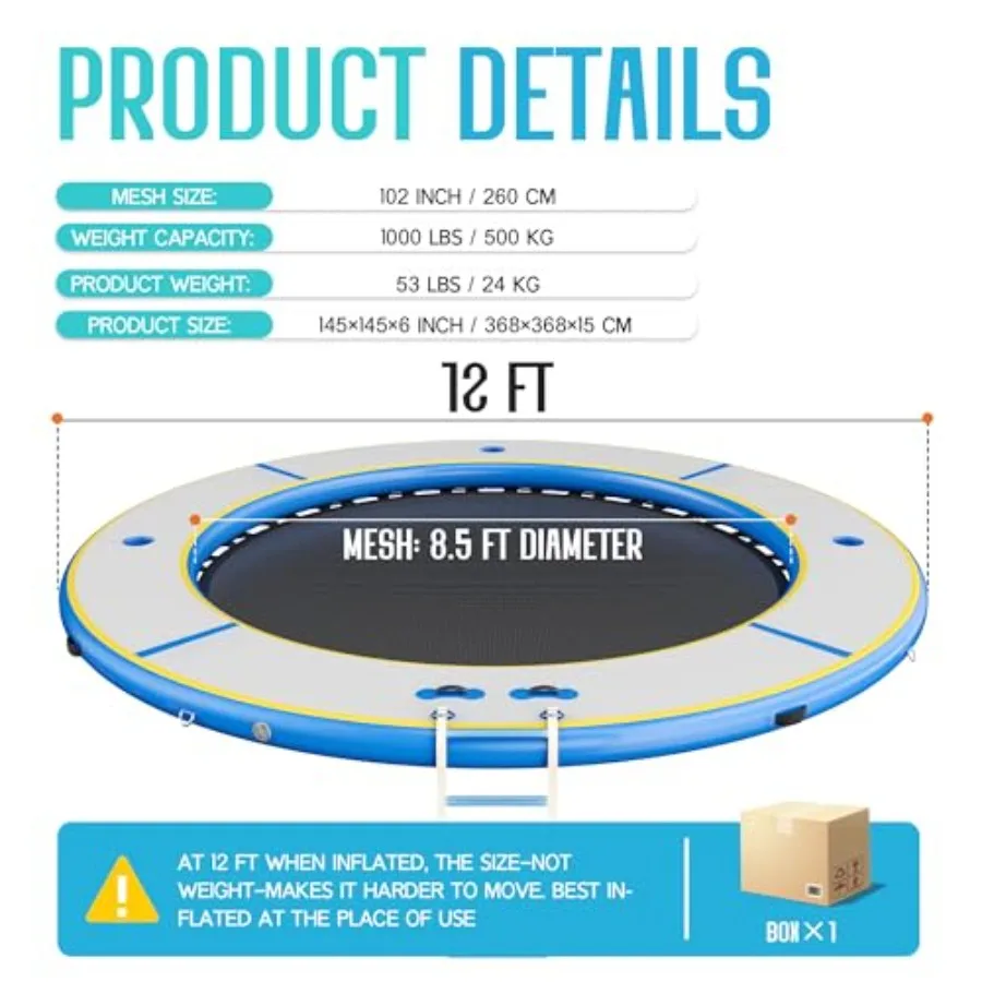 Lake and beach party inflatable water hammock for adults: heavy-duty mesh raft in blue, 12FT round floating dock platform with