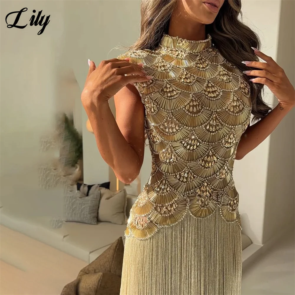 Lily Gold Evening Dress High Neck Cap Sleeve Party Dress Crystal Mermaid Vestidos De Fiesta Tassel Luxury Prom Gowns Customized
