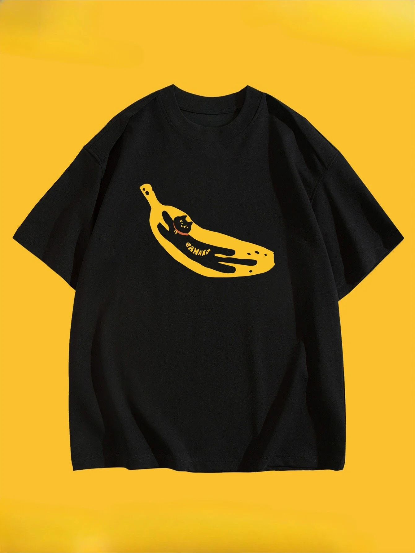 Creative Cat Banana Pattern Printed Summer Women's T-shirt Top Short Sleeve Round Neck Casual Women's Summer Clothing