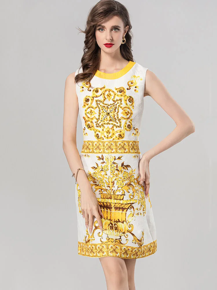 

Younger Fashion Summer Dress, Jacquard Yellow Porcelain Printing, Rhinestone Beading Above Knee, Sweet Lady