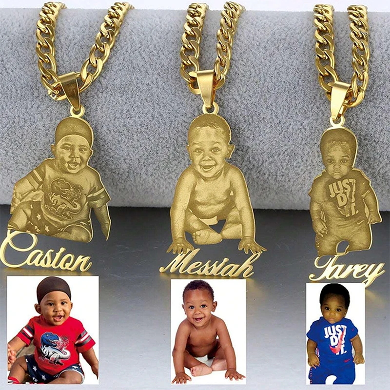 Customized Engraved Photo Necklace Stainless Steel Gold Adjustable Cuban Chain Personalized Pendant With Text Customize Gift