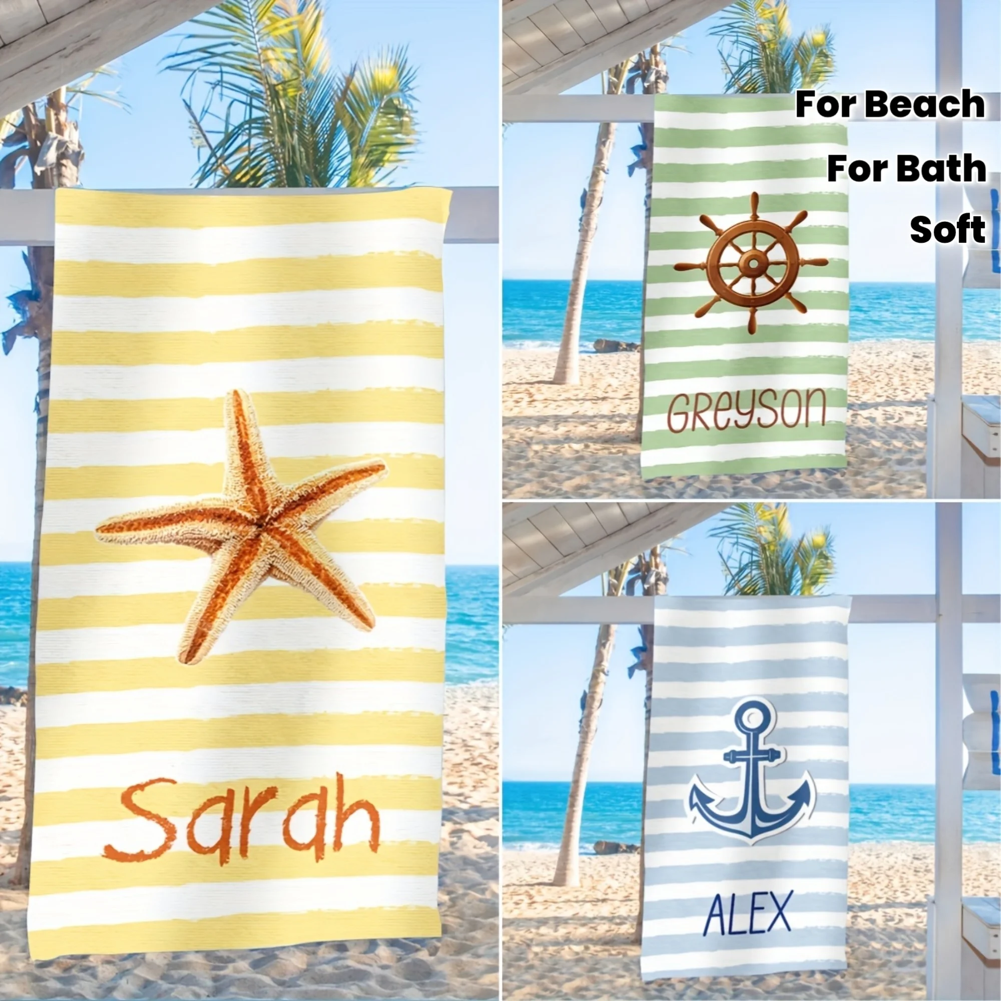 Personalized Striped Beach Towel Custom Name/Text Oversized Microfiber Towel Summer Party Gift for Beach Swimming Bath Sports