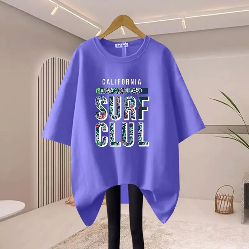 Women Fashion Letter Printing Y2k T-shirts Summer Pure Cotton O-neck Short Sleeve Basic Tee Office Lady Oversized Tops 45-105Kg
