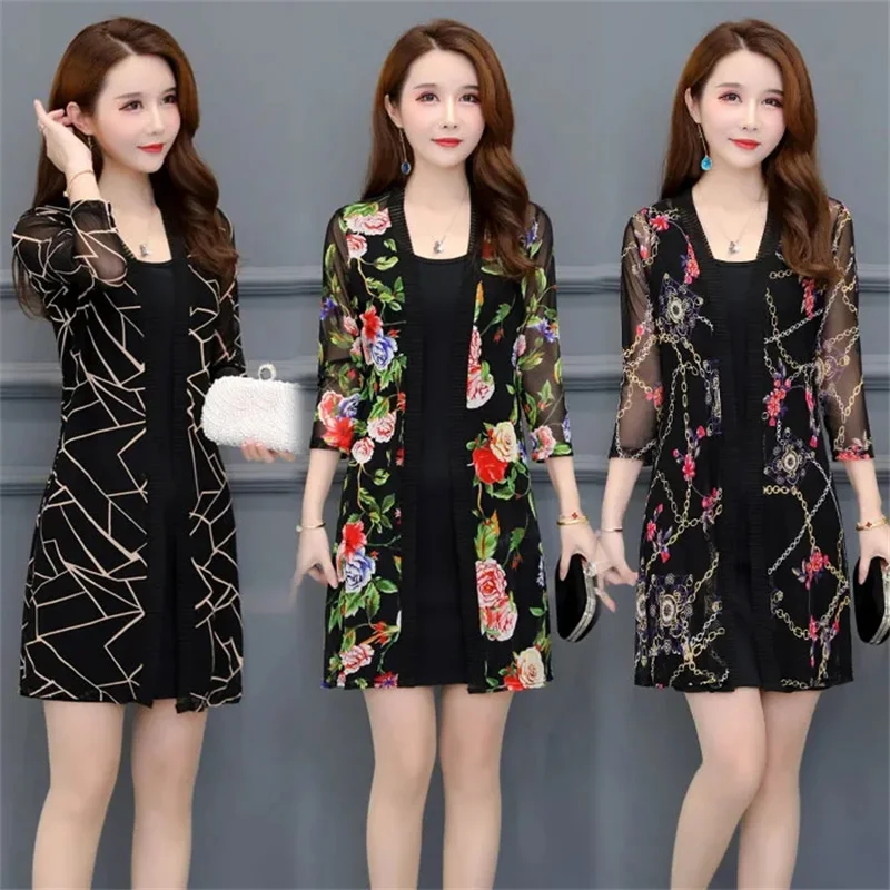 

Spring and Summer New Western Style 2022 Women's Outer Wear Lace Mid-length Mother Shawl Top Mesh Cardigan Thin Coat