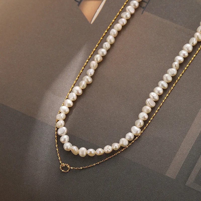 Classic Retro Ins Style Double-layered Natural Freshwater Pearl 925 Sterling Silver Chain Necklace for Women Exquisite Clavicle