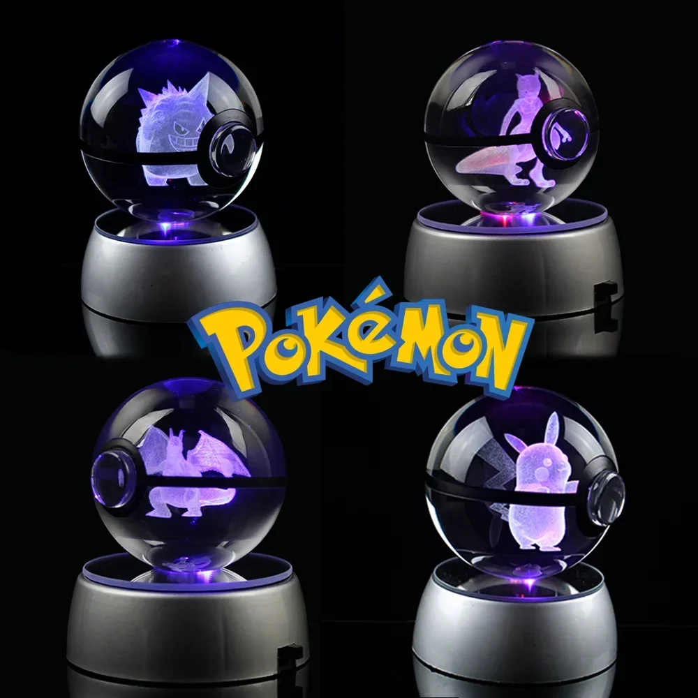 Pokemon 3D Crystal Ball Figure Engraving Pikachu Charizard Gengar With LED Light Base Anime Glass Ball Child Christmas Gift Toy