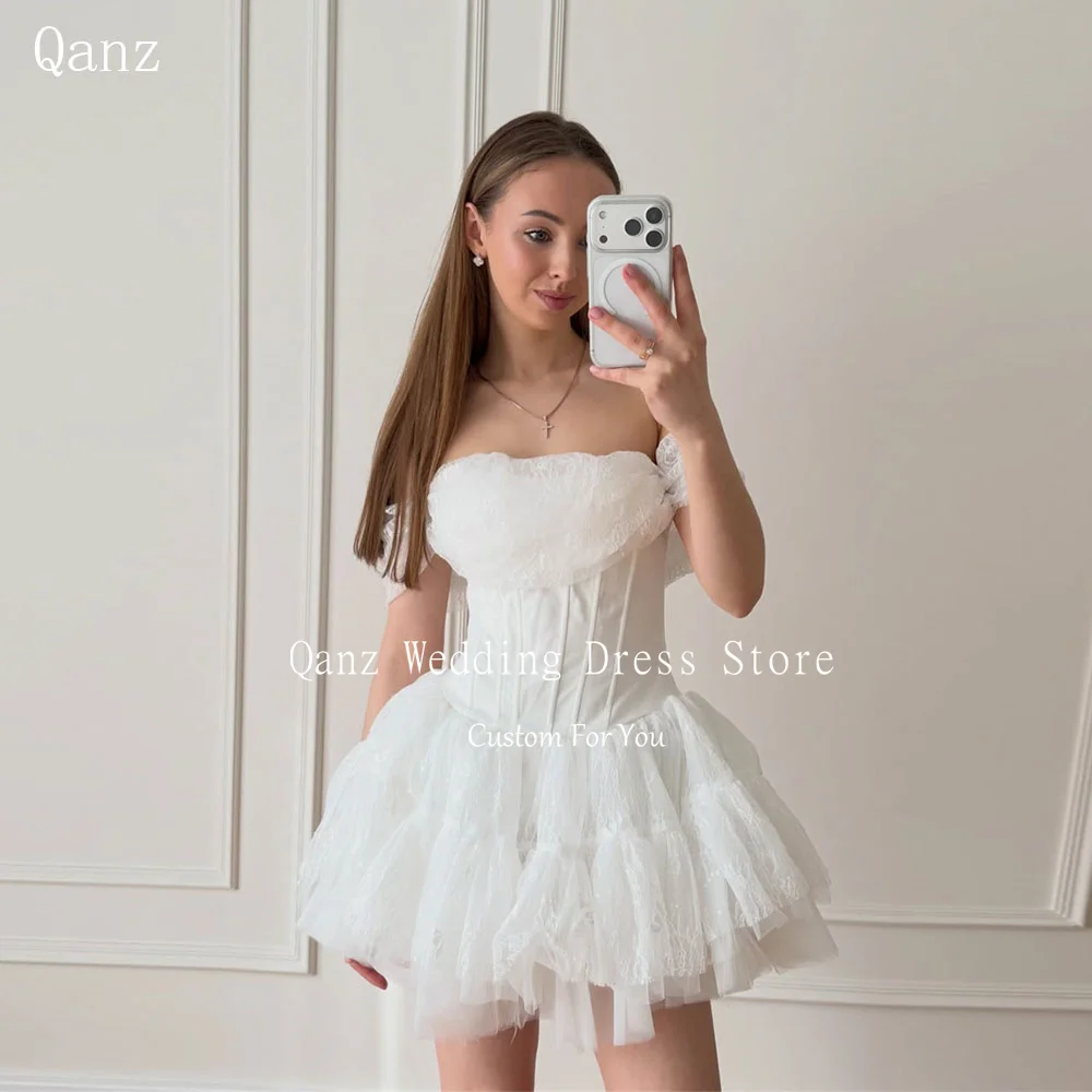 Qanz Bohemian Off The Shoulder Wedding Dress Mini A Line Ivory Lace Appliques Bridal Gowns Short Robe De Mariée Customized