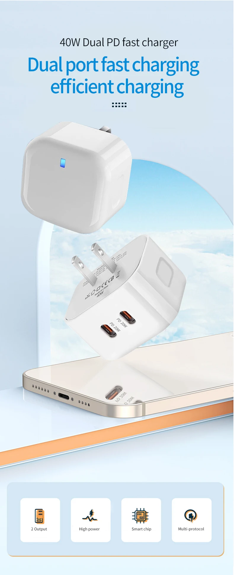 40W Type C Charger Fast Charging Dual PD QC 3.0 Mobile Phone Charger Adapter For iPhone Samsung Huawei Xiaomi USB C Wall Charger