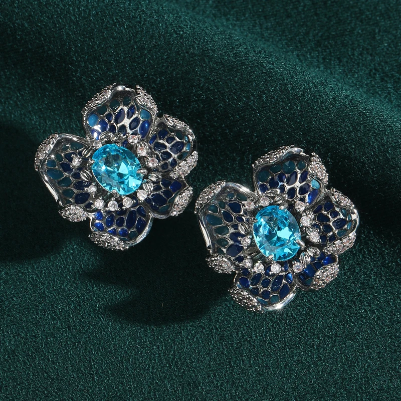 

Vintage Sea Blue Flower Earrings For Woman Stud Silver Color Luxury Jewelry Quality Designer Gifts Wedding New Trends In 2025
