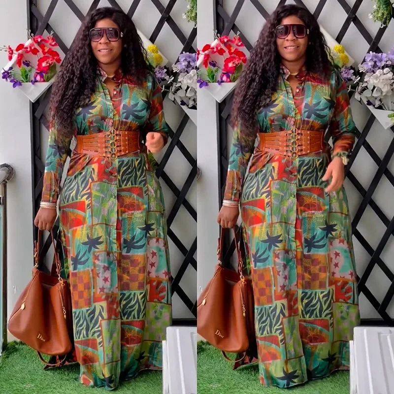 Dress For Women High Waist Full Sleeve Robes New Fashion Print Elegant Streetwear Africa Shirt Maxi Dresses Vestido 2024