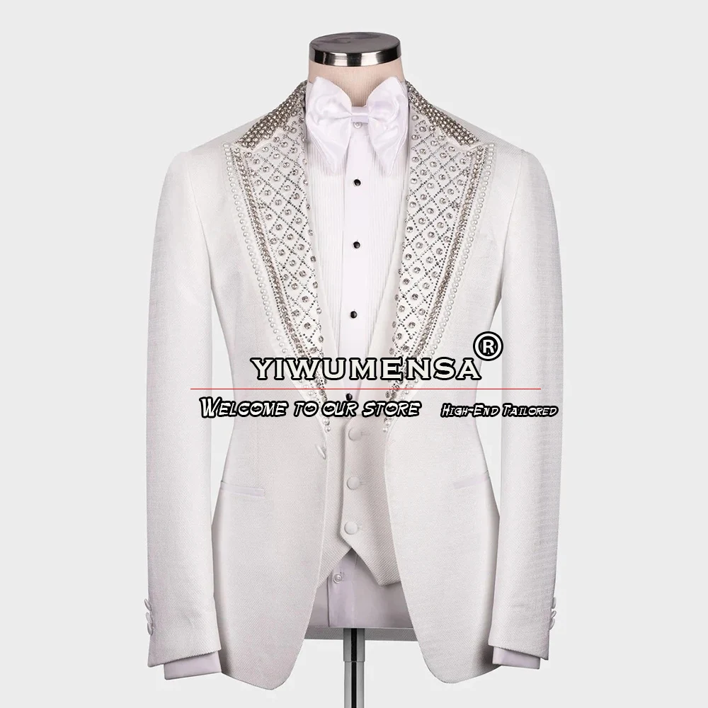 

Luxury White Men's Suits Formal Wedding Tuxedo Tailore Made Hand Beaded Blazer Vest Pants 3 Pieces Prom Party Banquet Dress 2023